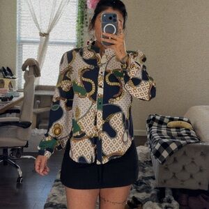 SHEIN Navy and Green Geometric Button Down Shirt